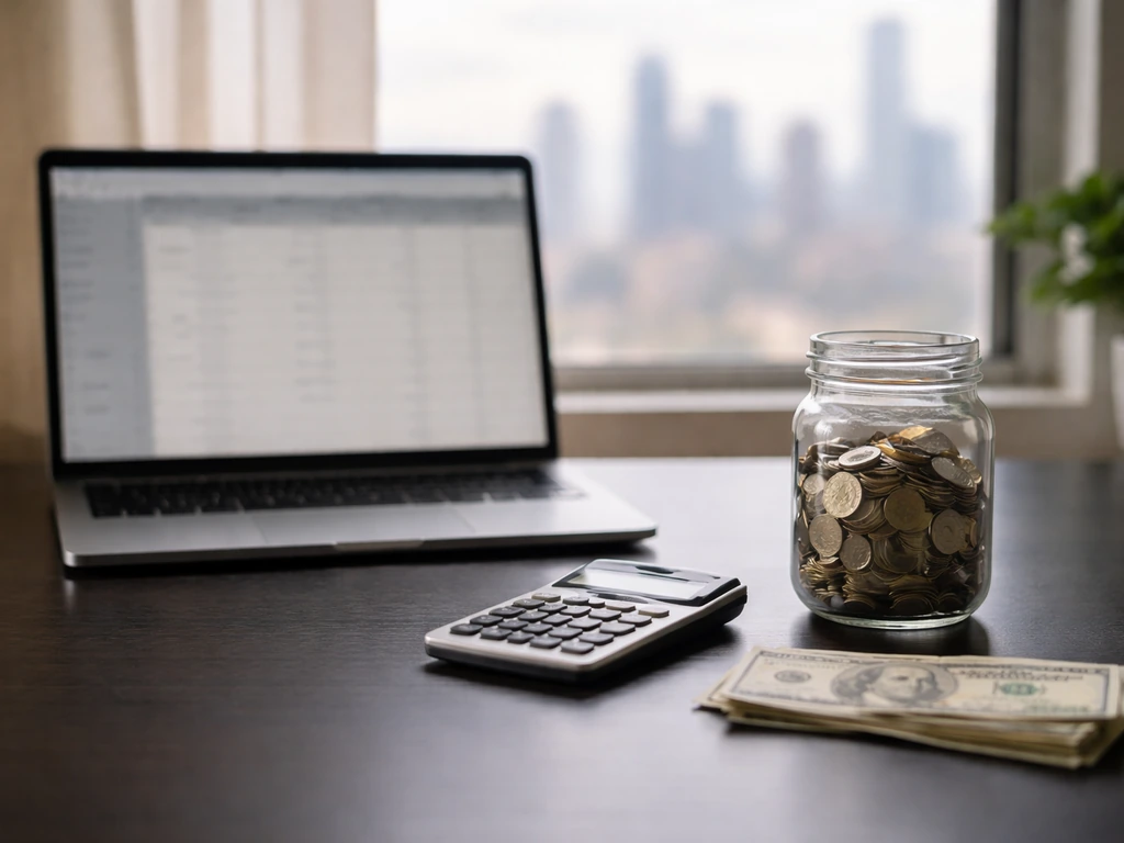 Minimal office scene with a laptop, calculator, and scattered currency near a blurred city view representing net worth r