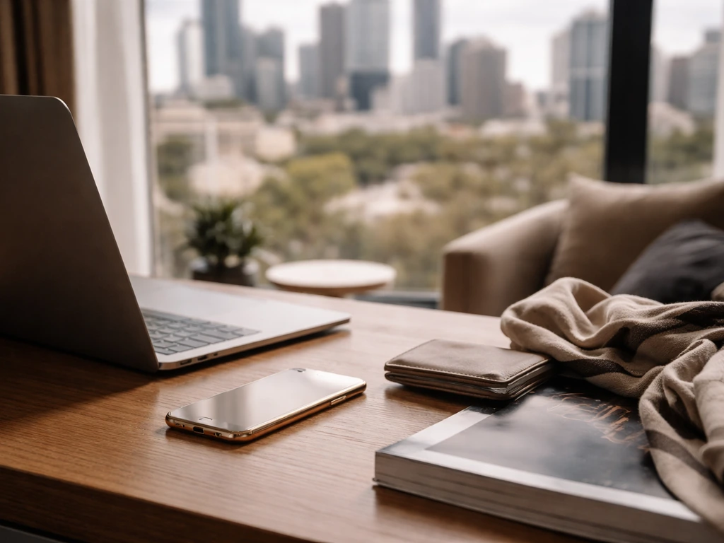 Luxury desk with phone and laptop in a bright apartment, symbolizing celebrity lifestyle and money analysis.
