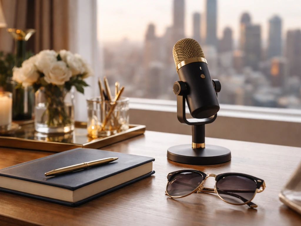 Luxury office desk with a microphone and blurred city skyline, evoking reality-TV media and wealth.
