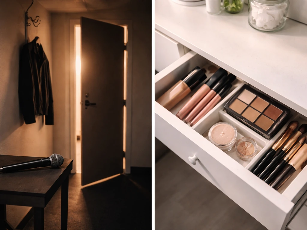 Split scene showing a reality-TV appearance vibe and a cosmetics business setup side by side.