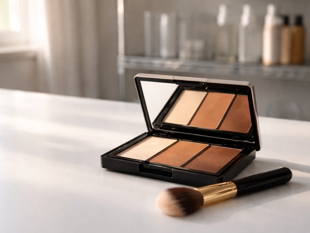 Luxury contouring compact and brush on a clean vanity, with softly blurred cosmetics production items behind.