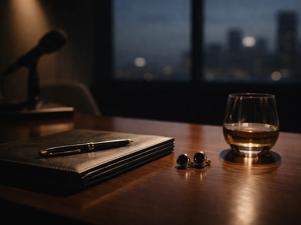 Luxury office desk with a spotlight on wealth symbols and a blurred microphone in the background