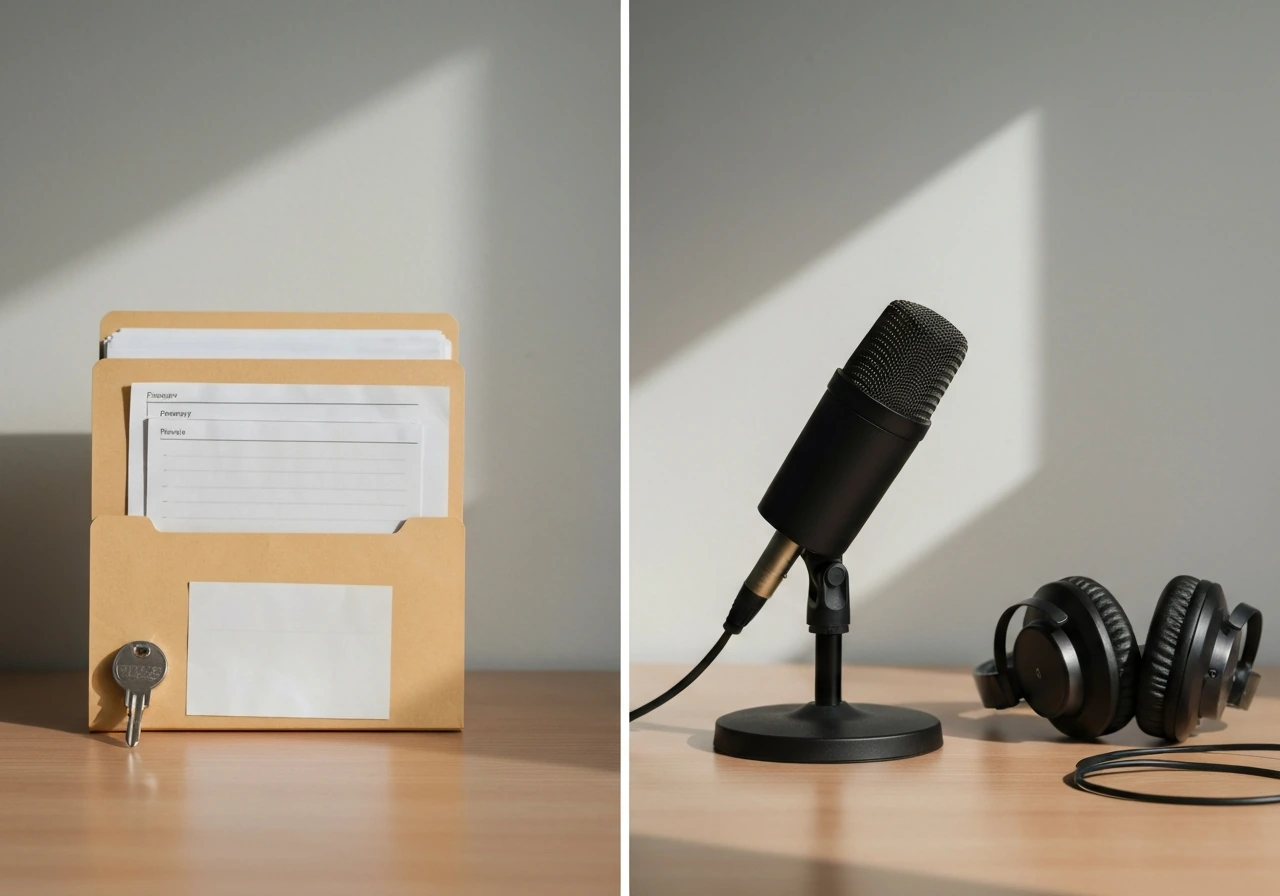 Minimal desk scene with a folder of property records and a studio microphone, symbolizing counted vs missed items.