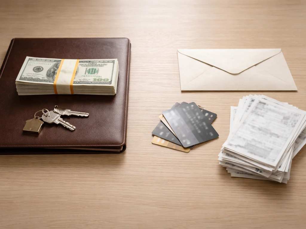 Minimal photo showing money assets on one side and debts on the other, symbolizing net worth