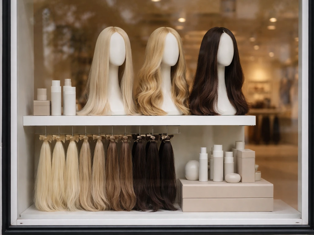 Minimal beauty storefront display with hair extensions and styling products neatly arranged for Miona Beauty