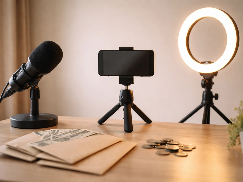 Minimal desk setup with smartphone on tripod, microphone, and coins suggesting online income and net worth.