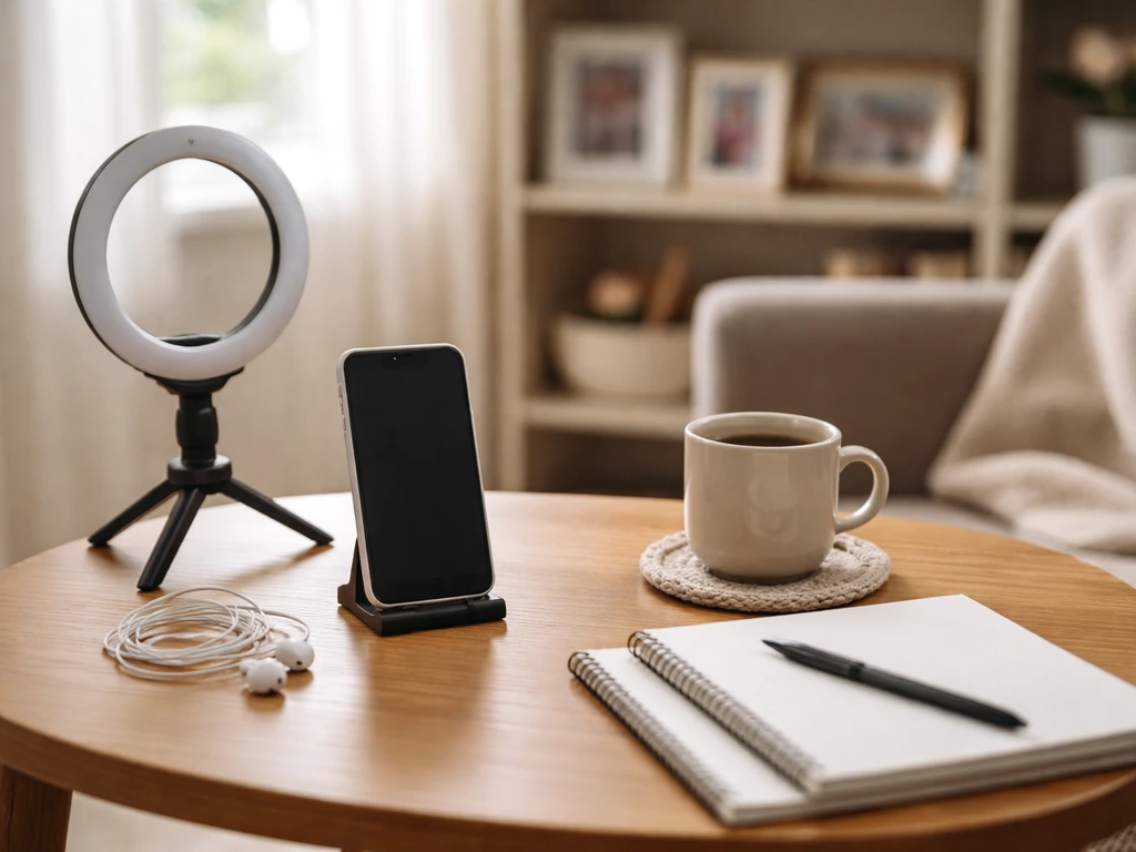 Minimal living-room scene with a phone and creator tools suggesting a social media income origin.