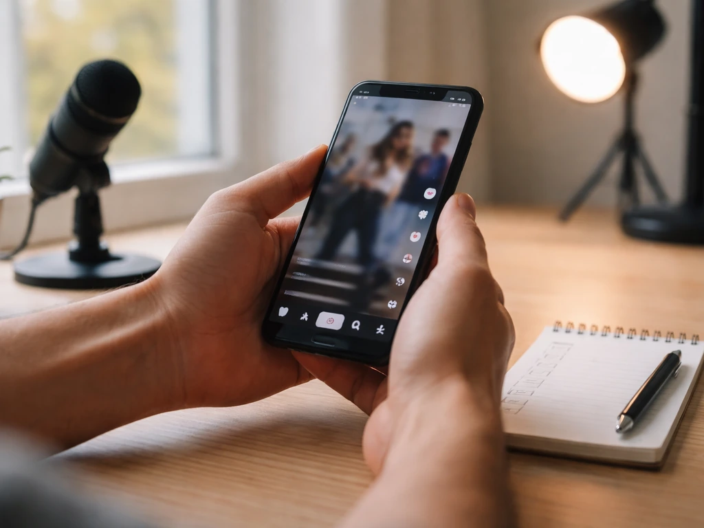 Minimal desk scene with a smartphone and notebook suggesting a practical social-media fact-check checklist