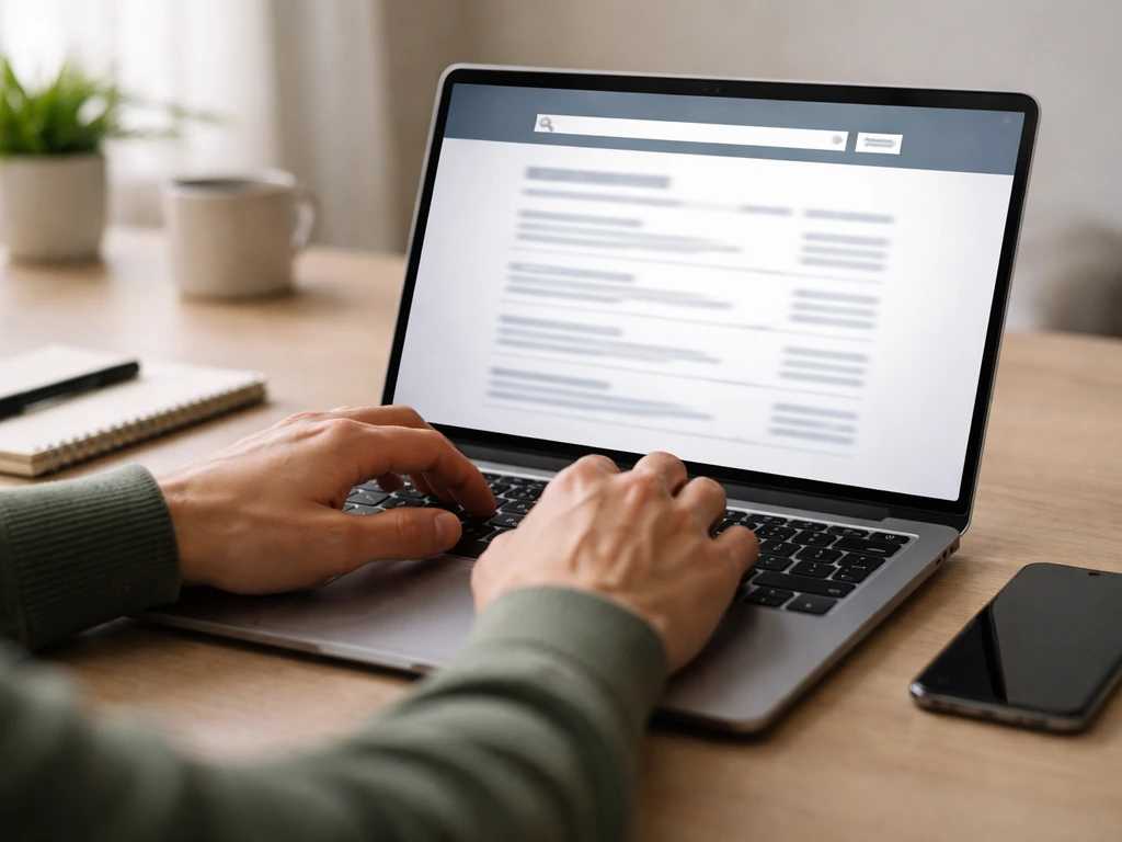 Hands typing on a laptop showing a Texas business records lookup mock screen with no readable text.