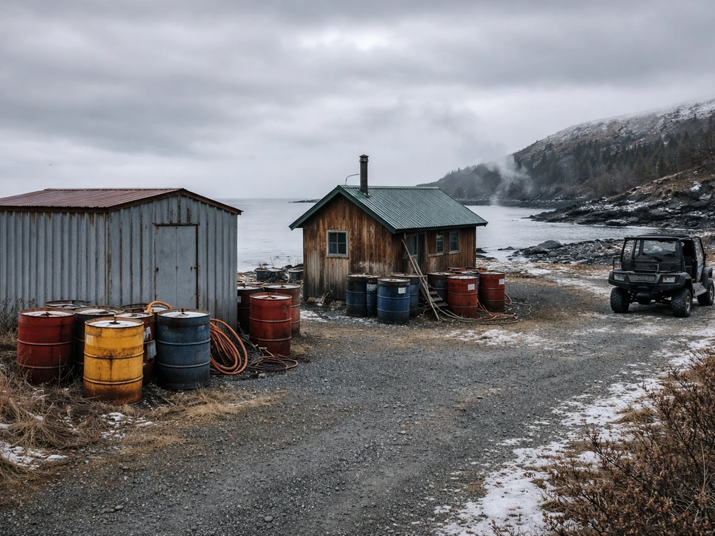 Remote Alaskan fuel camp near rocky shoreline with storage shed, drums, and snowy wilderness background.