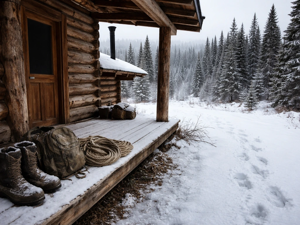 Empty Alaskan outfitting camp scene with gear by a cabin in snowy wilderness, evoking survival and outdoors business.