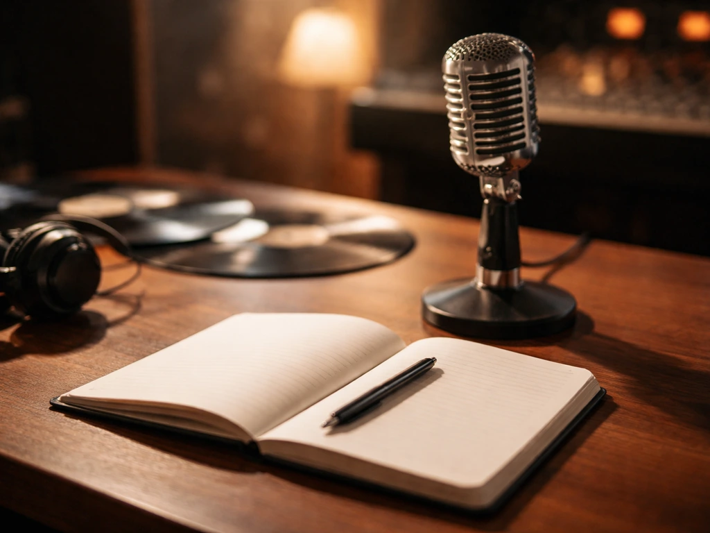Music royalty theme: producer studio desk with an open notebook, microphone, and warm spotlight glow
