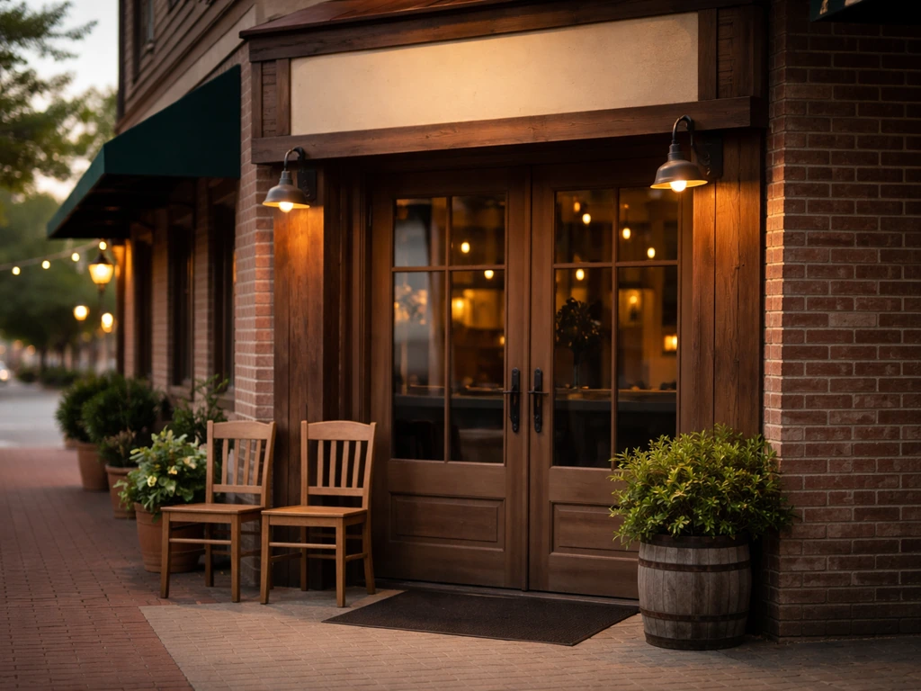 Old Lady Gang-style restaurant storefront entrance with warm light and minimal street background.
