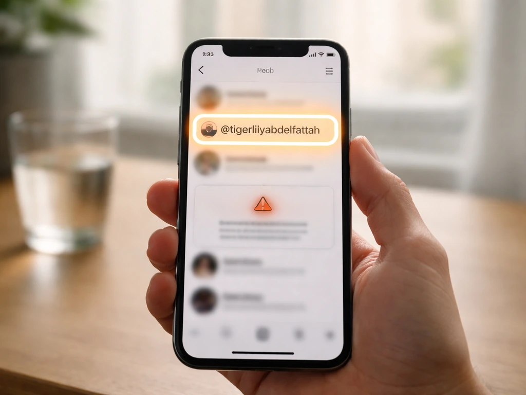 Phone showing an Instagram-style handle confirmation view with a highlighted correct handle and impersonator warning