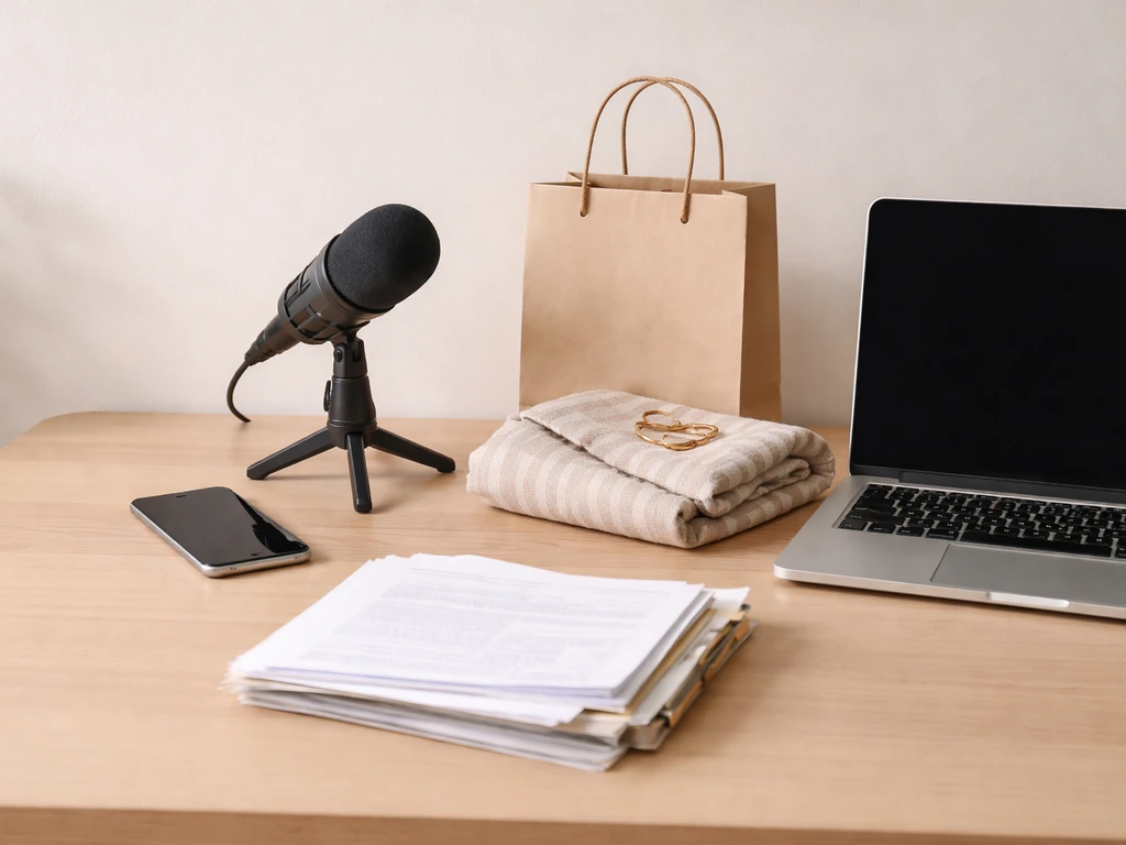 Minimal desk scene with documents, a phone, a microphone, and small retail items suggesting income sources.
