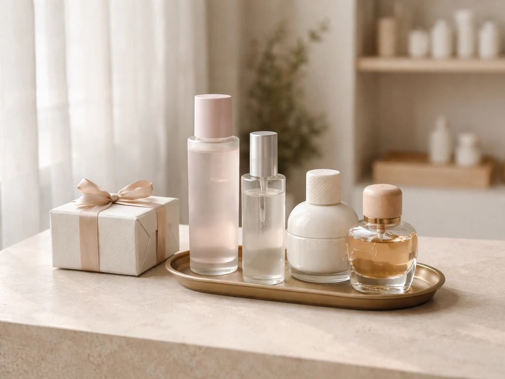 Neige Concept boutique skincare and fragrance items arranged on a light stone table in soft daylight.