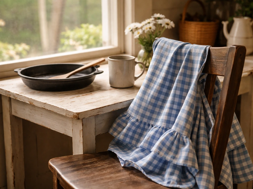Blue gingham apron on a wooden chair beside a mug and skillet in a rustic farmhouse kitchen.