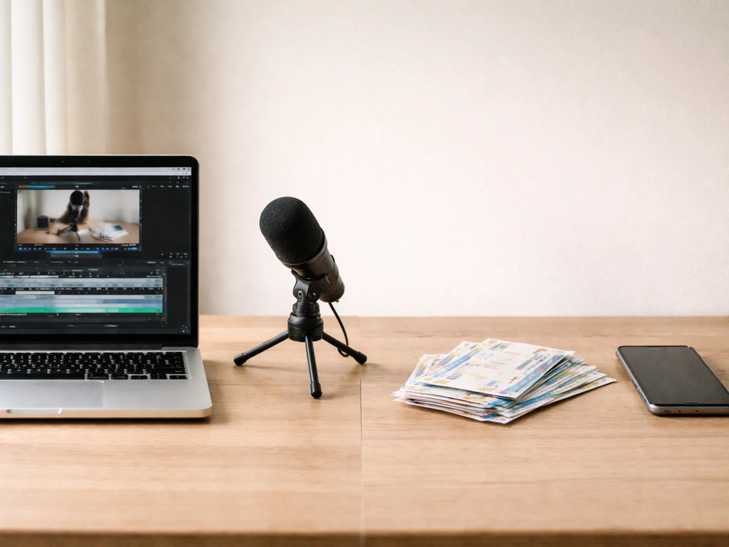Minimal desk photo comparing online content gear and live event items side by side.