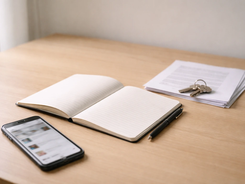 Minimal desk scene with phone, blank notebook, and documents representing verifiable business and media clues.