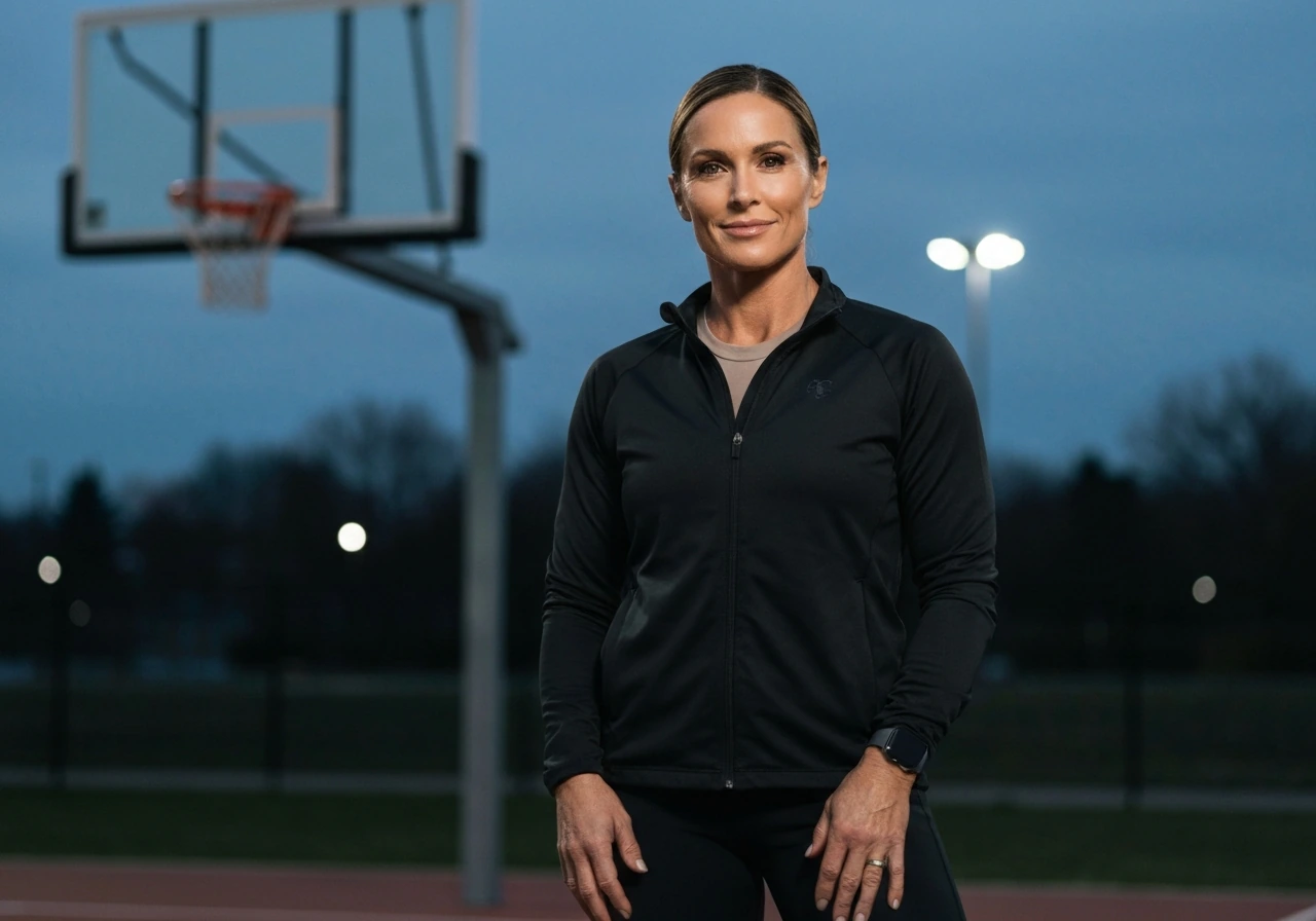 Confident woman in sporty attire standing by a basketball court with softly blurred hoop in the background.