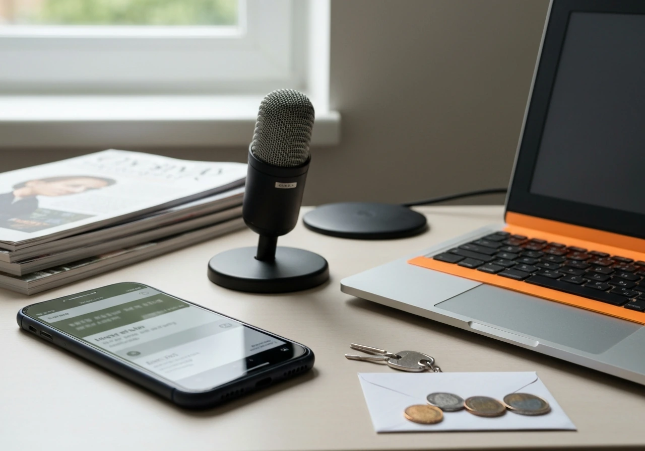 Minimal desk scene with smartphone, microphone, magazines, coins—symbolic of media earnings and financial inputs.