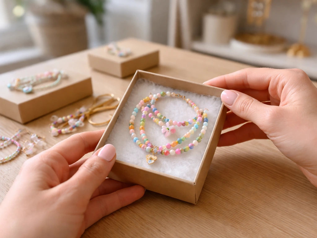 Close-up of a hand holding a small, neatly packaged children’s jewelry set in a boutique setting