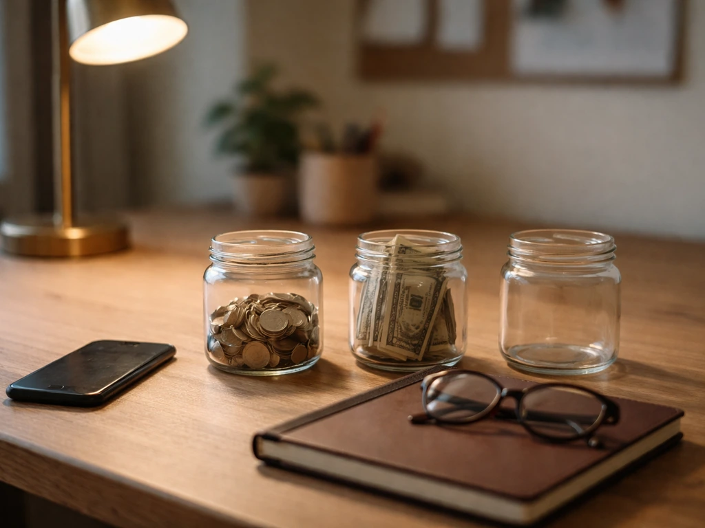 Minimal desk scene with jars for income/assets/liabilities, coins and cash suggesting net worth estimates.