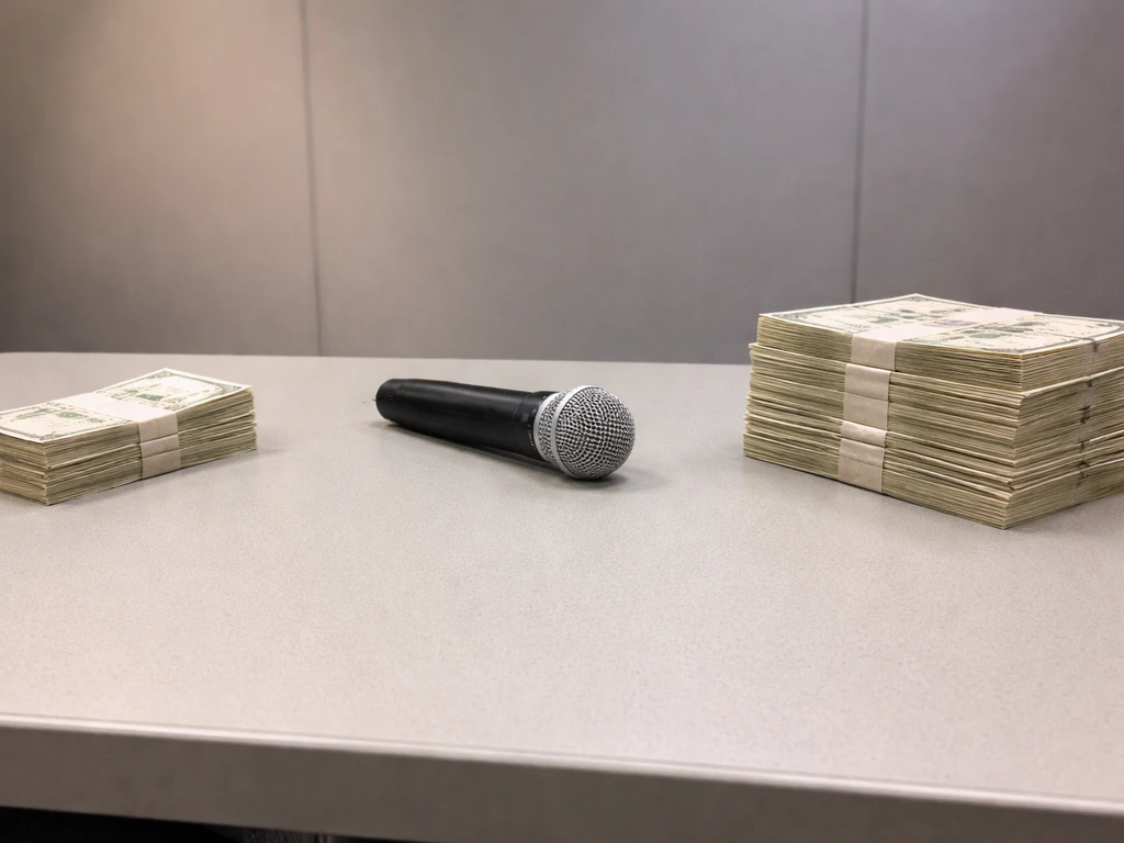 Anonymous reality TV production set with a microphone and two simple cash-like props on a plain desk