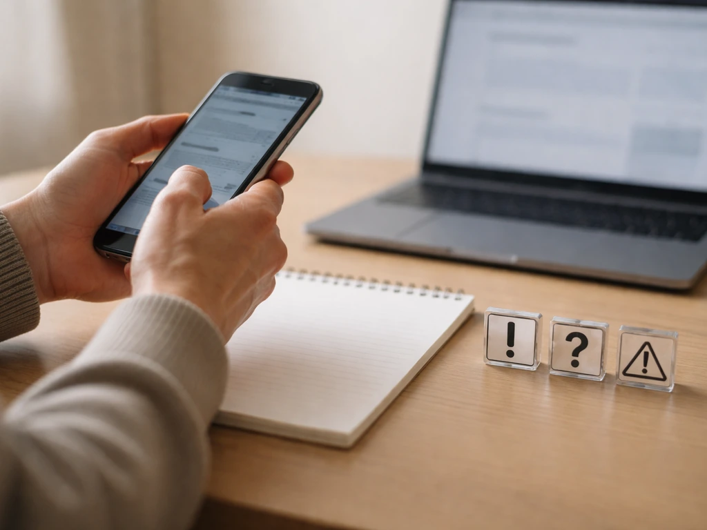 Minimal desk scene with a clutter-free checklist and warning icons highlighting missing sources