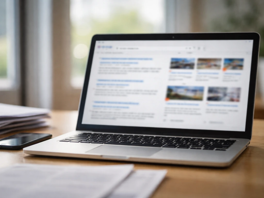 Close-up of a desk with a laptop showing blurred overlapping search results and a phone nearby