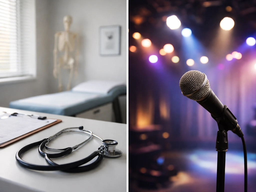 Split scene: clinic exam counter with stethoscope on one side, TV studio microphone and lights on the other.
