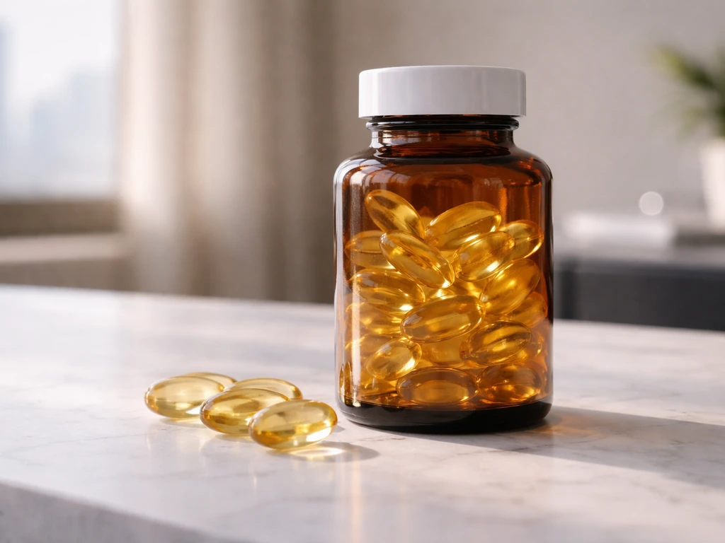 Closeup of Haute’ Doc–style vitamin bottle on a clean desk with a small capsule dish nearby