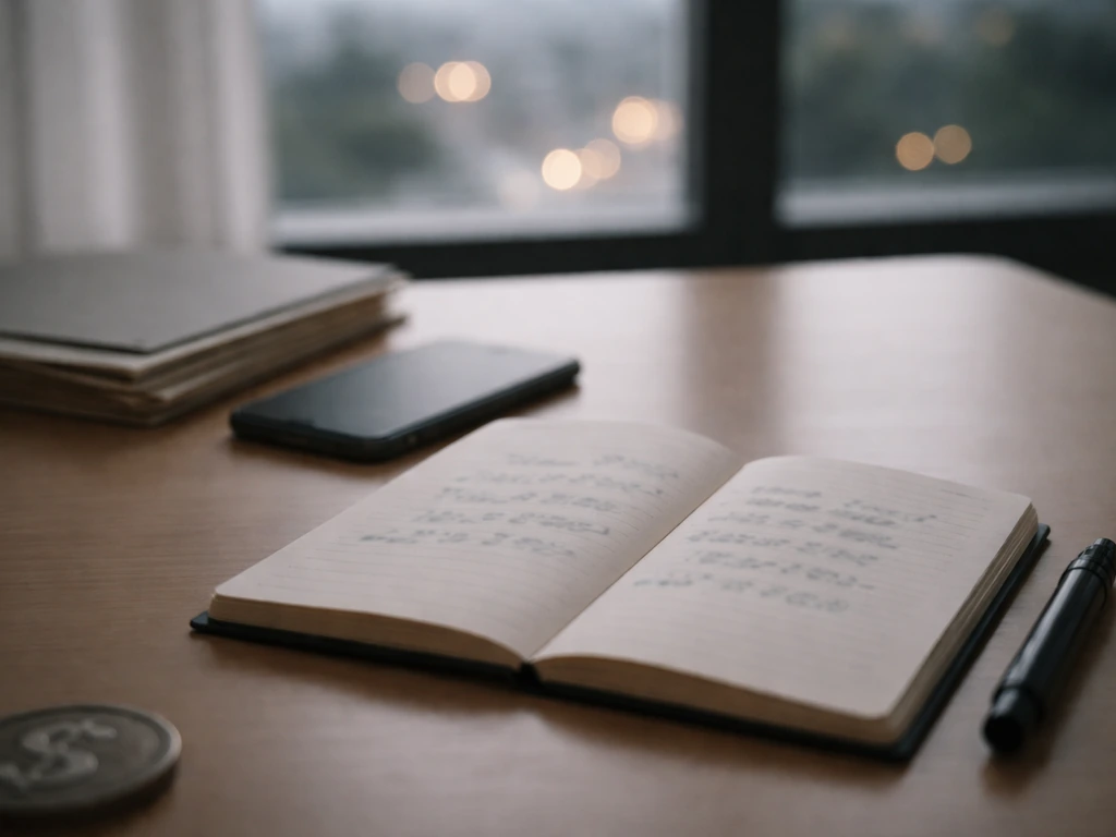 Minimal desk scene with documents and blurred money-range symbols suggesting uncertainty.