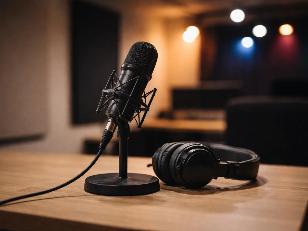 Close-up of a studio microphone on a desk with soft lights, suggesting a music and media career moment
