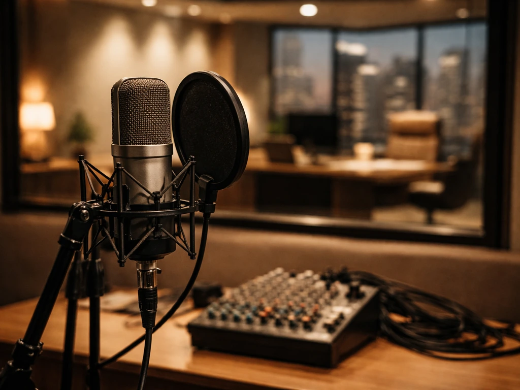 Minimal studio scene with a microphone, mixing console, and a soft-focus luxury office backdrop symbolizing music income