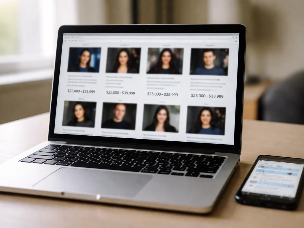 Close-up of a laptop and phone on a desk with blurred booking fee-range listing cards.