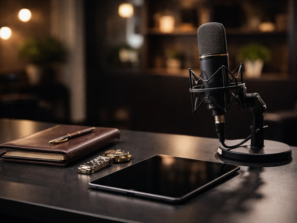 Glamorous media studio desk with a microphone and elegant accessories symbolizing celebrity wealth analysis