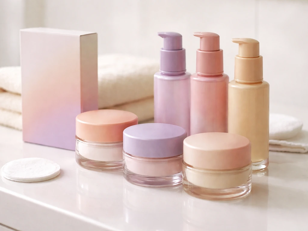 Minimal vanity scene with inclusive beauty skincare jars and bottles branded with EveryHue-style colors