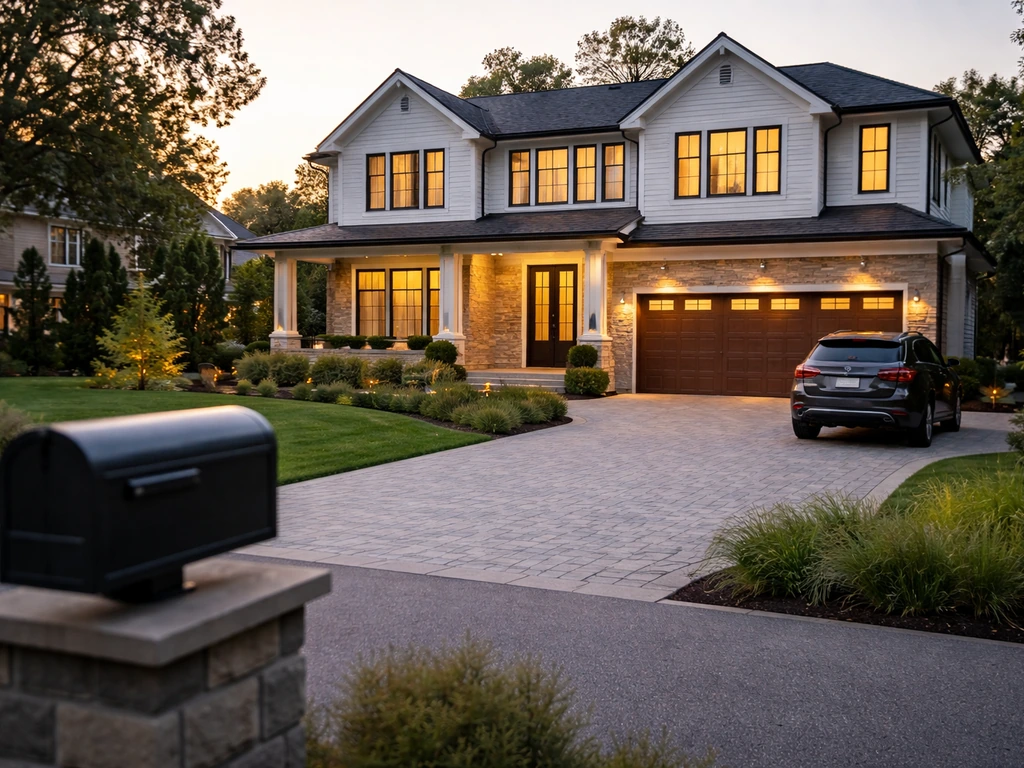 Luxury suburban house exterior with driveway and manicured yard, symbolizing real estate assets.
