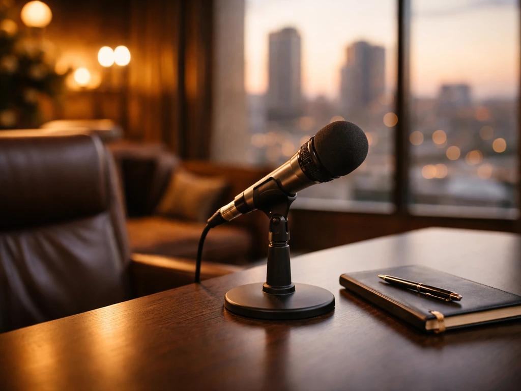 Upscale TV studio desk with a microphone and warm light, symbolizing celebrity media and wealth verification.