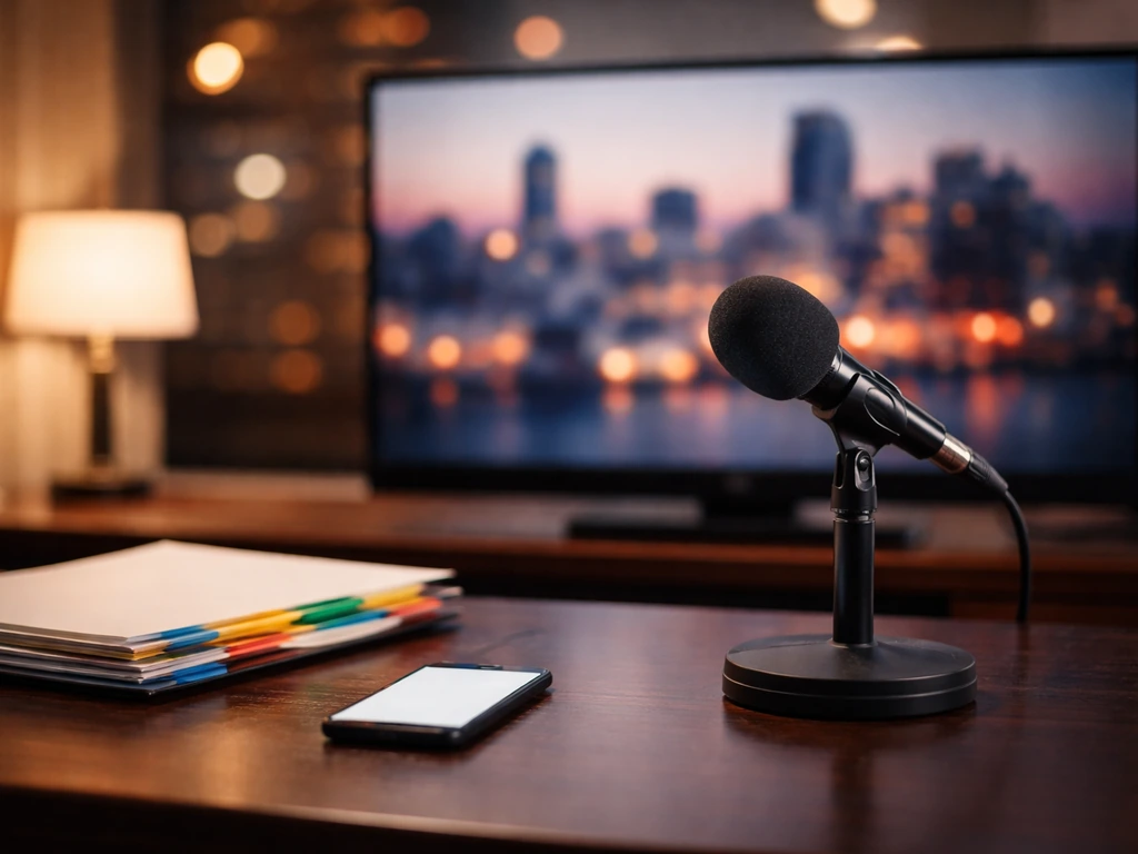 Mic and studio desk with blurred city backdrop, symbolizing verifying the right person before net worth.