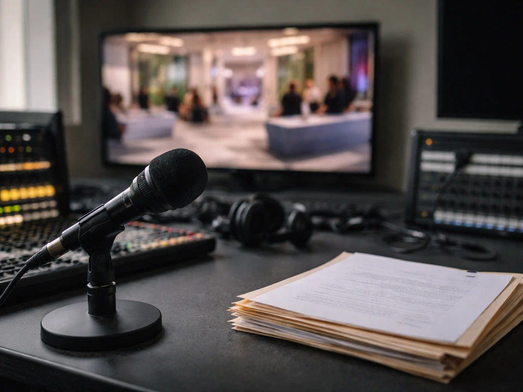 Anonymous TV production desk with microphone and blurred studio monitor suggesting reality-show cast presence