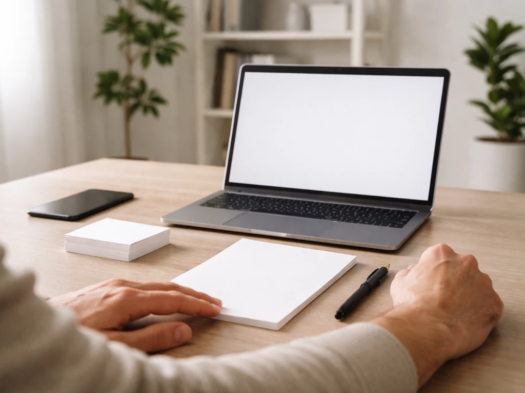 Minimal desk scene with laptop and blank business cards, suggesting an entrepreneur’s LLC business identity.
