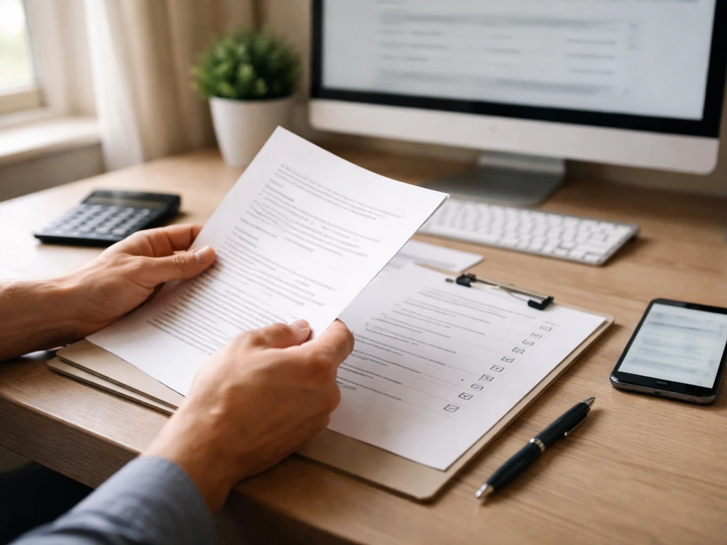 Person at desk comparing business-registration paperwork and a smartphone, symbolic due diligence scene