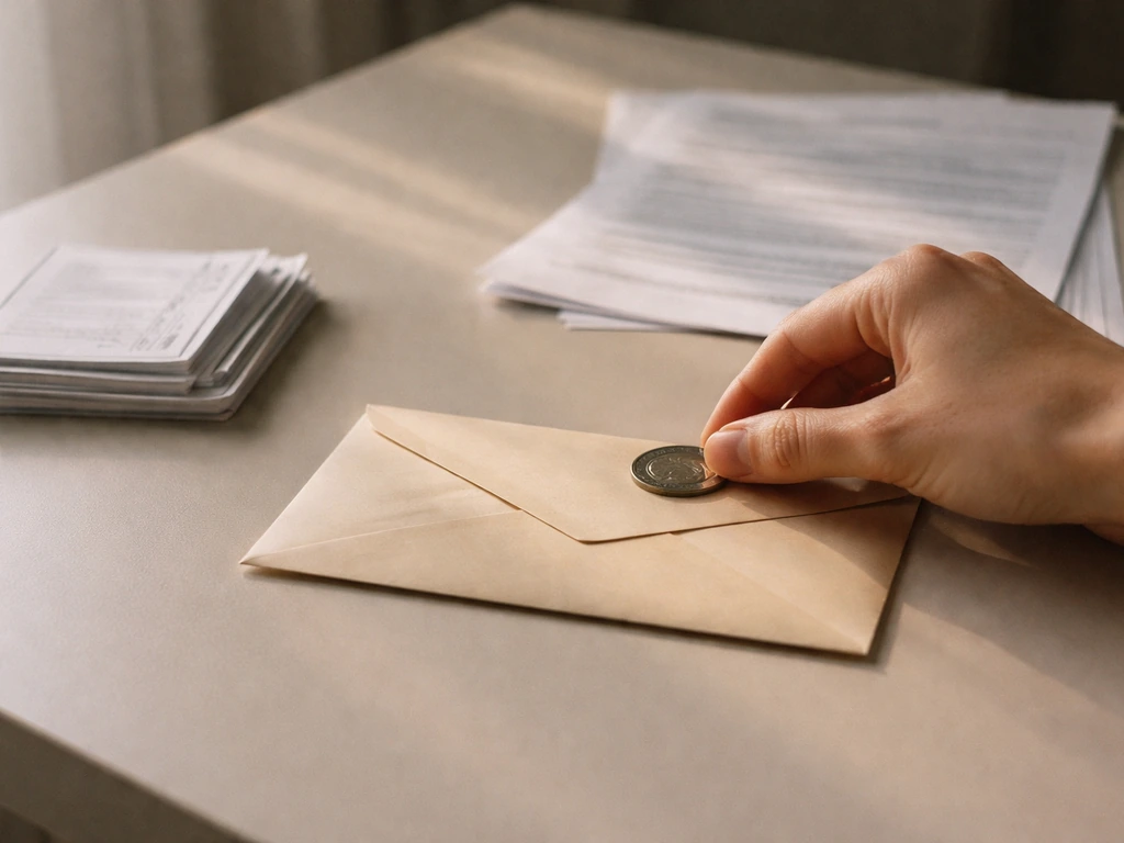 Envelope, blank pay stubs, and a coin on a desk suggesting TV earnings and disputes without text.