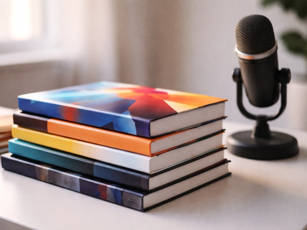 Close-up of stacked books and a studio microphone on a desk, suggesting media and publishing income.