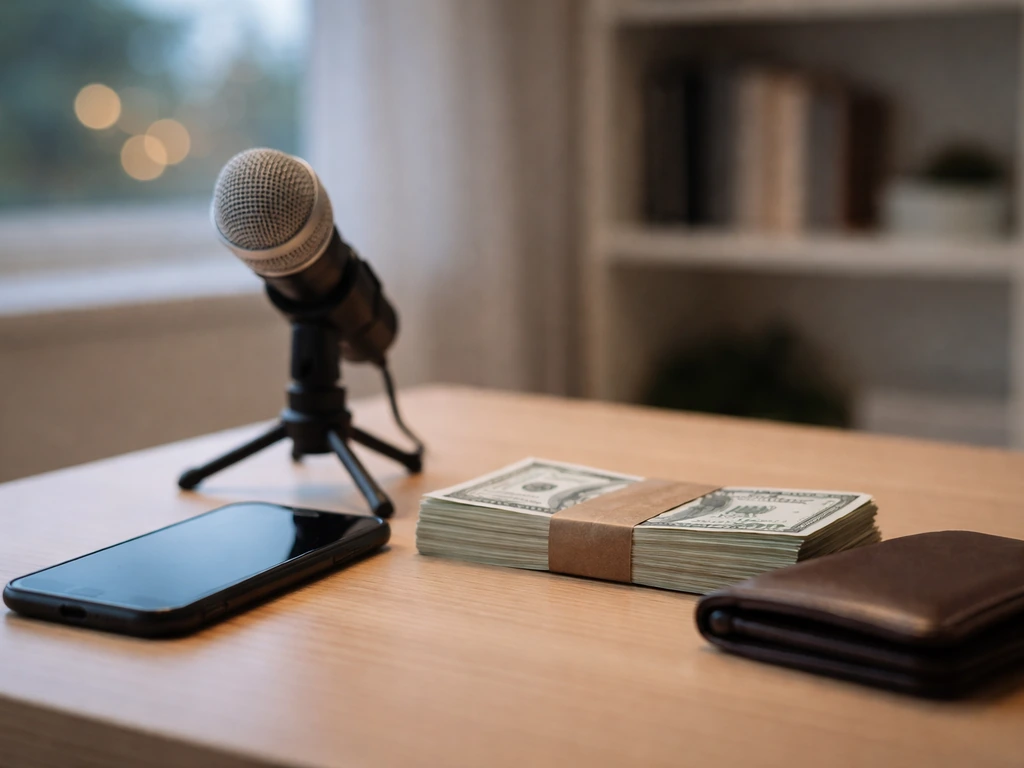 Minimal office desk scene with a smartphone, cash, and a small microphone—symbolic of cast net-worth research.