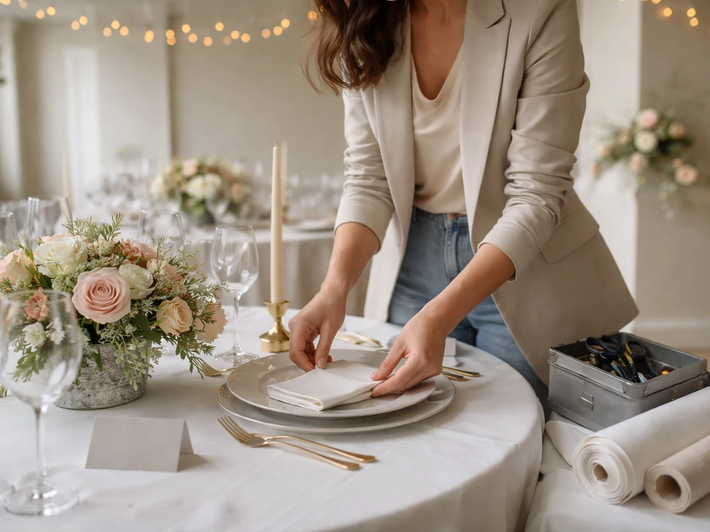Event planner entrepreneur arranging elegant table settings in a softly lit venue