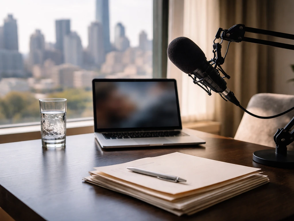 Minimal luxury media desk with a microphone and blurred laptop, evoking wealth estimates and analysis.