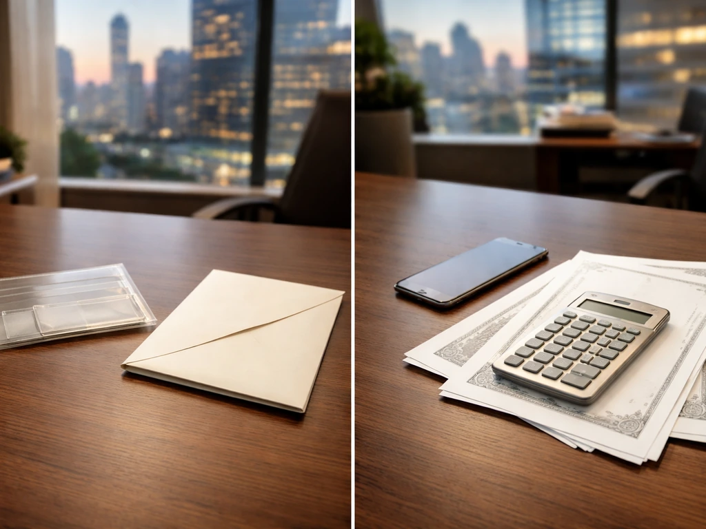 Calculator and blank papers on a desk beside an empty wallet, symbolizing public holdings vs no public assets.